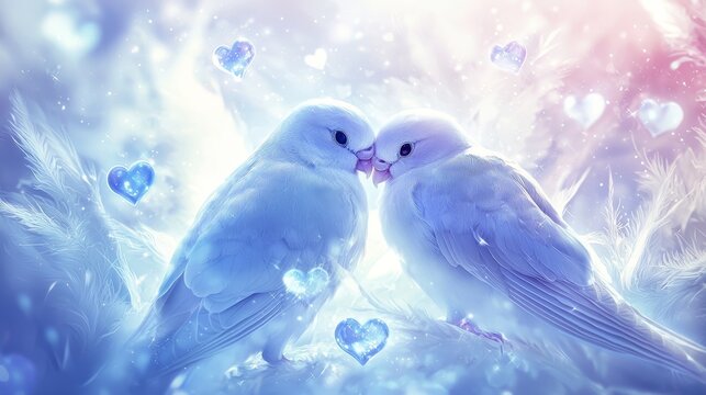 Fantasy-style lovebirds surrounded by floating ethereal hearts and sparkles, glowing effect, detailed feathers, white background