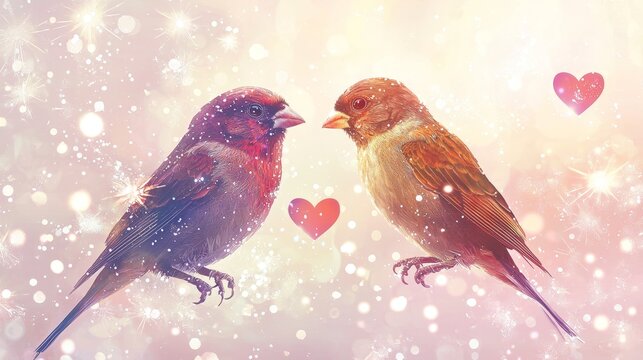 Fantasy-style lovebirds surrounded by floating ethereal hearts and sparkles, glowing effect, detailed feathers, white background