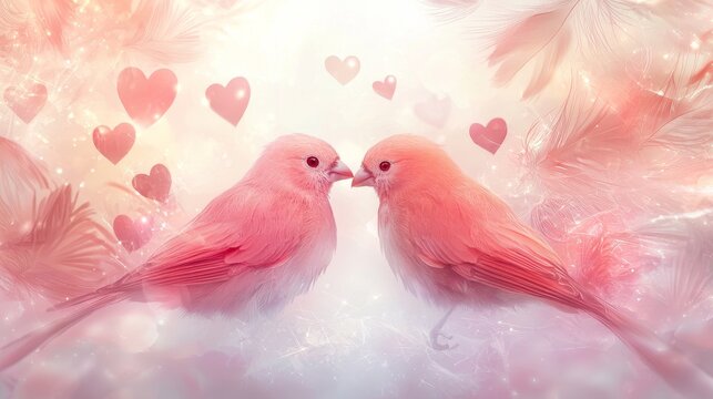 Fantasy-style lovebirds surrounded by floating ethereal hearts and sparkles, glowing effect, detailed feathers, white background