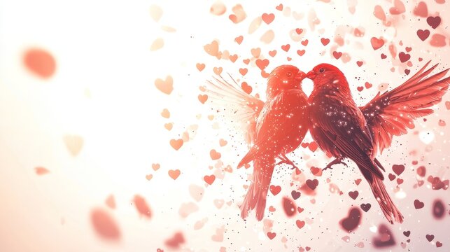Fantasy-style lovebirds surrounded by floating ethereal hearts and sparkles, glowing effect, detailed feathers, white background