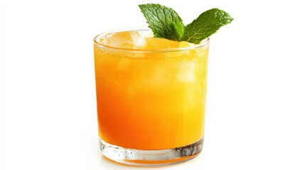 Fototapeta premium Fresh orange juice with ice and mint leaves in glass, perfect for refreshing drink. Enjoy vibrant color and coolness of this delightful beverage