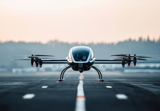 The innovative design of an eVTOL drone takes flight from the runway.