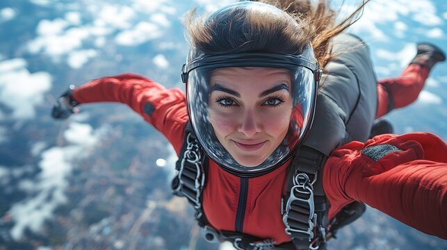 Adventurous woman skydiving, freefall moment, vast sky, adrenaline rush