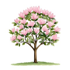 Elegant Magnolia Tree with Pink Blossoms and Lush Green Leaves, Captivating Nature Illustration for Spring and Floral Designs