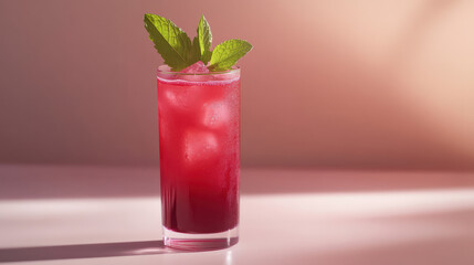 Refreshing cold beet juice in tall glass, garnished with fresh mint leaves, served over ice. Perfect for healthy drink option on warm day