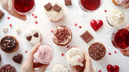 Fototapeta premium Friends gathered around a table with neon-lit Valentine's snacks, glowing drinks, and heart-shaped plates, cut out on a white background