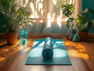 Serene Yoga Space with Rolled Mat, Indoor Plants, and Sunlit Ambiance