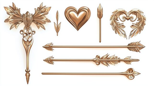 Golden bow and heart-tipped arrow set with intricate engravings, elegant and luxurious design, cut out on a white background