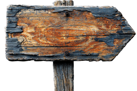 A weathered wooden signpost with peeling paint, indicating direction.