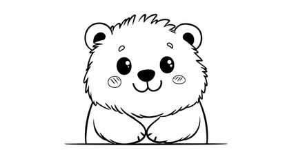 Fototapeta premium Cute cartoon bear, simple line art, adorable, whimsical, fluffy, character design, childish, happy, kawaii, illustration, black and white, outline drawing, sitting, looking, animals.