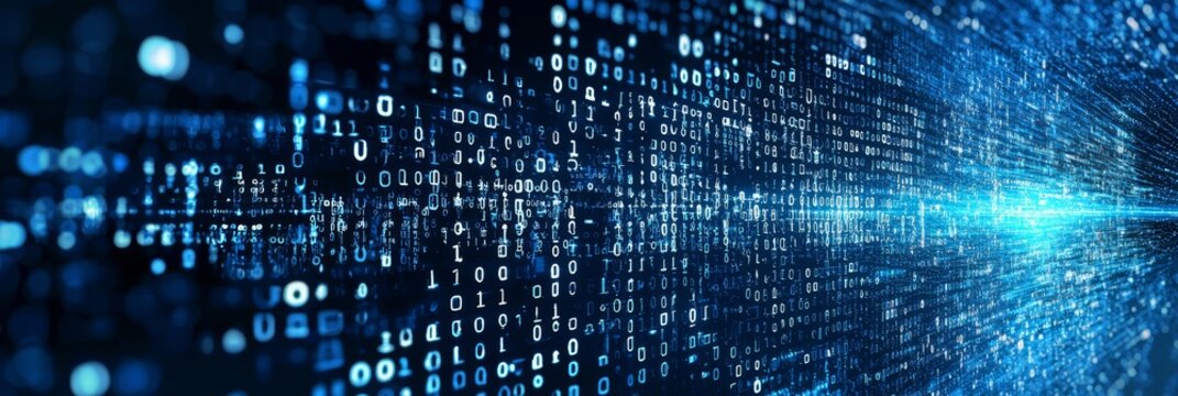 Dynamic binary code streams visualized in blue digital technology.