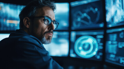 Focused analyst monitoring financial data on multiple screens in modern office environment
