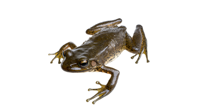 Green frog poses on a white background in studio