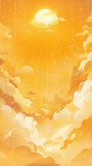 Bright Orange Sky with Sun and Fluffy Clouds in Artistic Design
