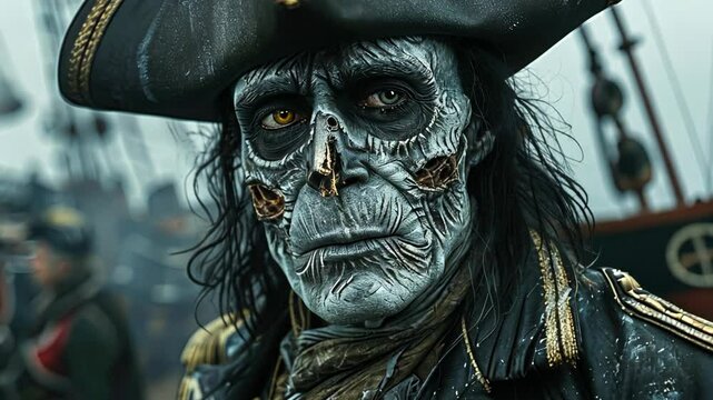undead zombie pirate captain sailing on ship in ocean covered with fog and mist