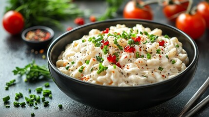 Creamy pasta dish garnished with herbs and spices, surrounded by fresh ingredients.