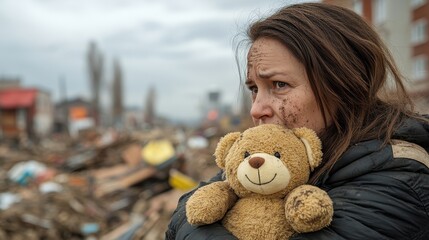 Woman Holding Bear Amidst Destruction and Debris After Disaster