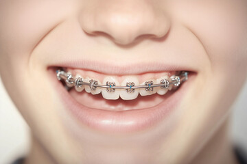 Obraz premium Smiling individual with braces showcasing a bright smile and healthy teeth in a dental office during a routine checkup