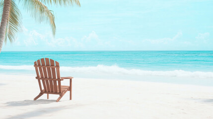 Serene tropical beach with wooden chair and palm tree overlooking calm ocean waves