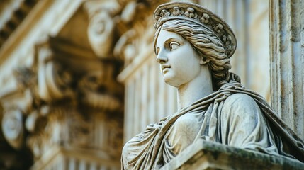 Obraz premium Ancient Greek Marble Statue of a Woman on Classical Building Facade