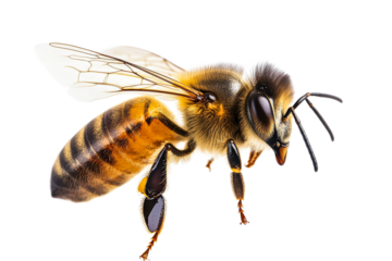 Buzzing honey bee close up on white