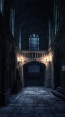 Elaborate gothic hallway bathed in dim light and shadow