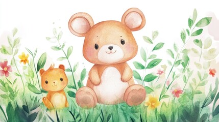 Cute cartoon bear and squirrel in a floral meadow.