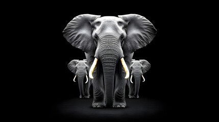 Majestic Elephants Marching Forward with Power and Grace against a Dark Background Highlighting the Intricacies of Their Form and Presence