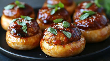 Delicious baked goods topped with a savory sauce and fresh herbs.