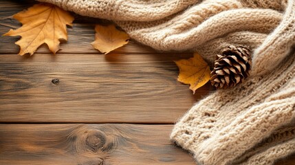 Cozy Autumn Background Knitted Sweater, Fall Leaves, and Pine Cone on Rustic Wooden Table