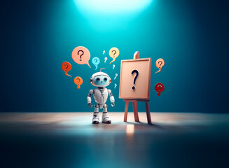 A small robot stands beside an easel displaying a question mark. Question bubbles float around it, suggesting confusion and thought in a bright blue studio.