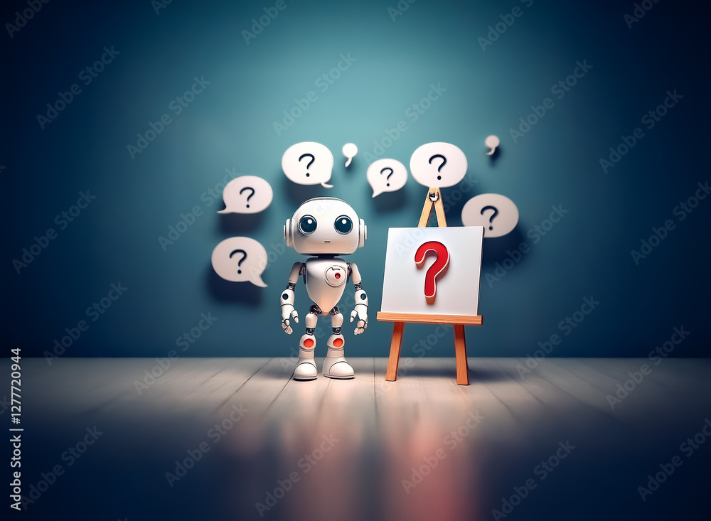 Wall mural a small, white robot stands next to a canvas with a large red question mark, surrounded by speech bu