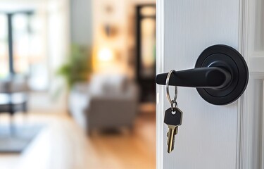 Keys in door opening to a modern living room
