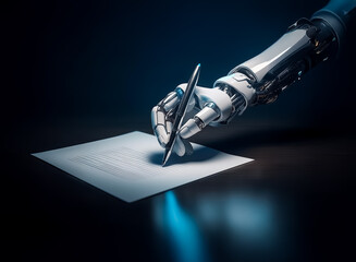 A metallic, futuristic robotic arm is depicted writing on a blank white paper using a pen. The scene is set against a dark background with a blue light highlighting the hand and paper.