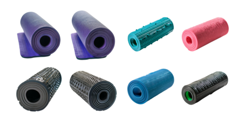 Various Yoga Mats in Different Colors and Textures on White Background