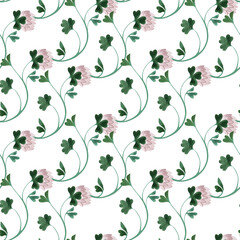 Textile seamless floral pattern with clover flowers and shamrocks in vintage style. Design for kitchen home textiles, tablecloths, curtains, bed linen, dress fabrics, wrapping paper.