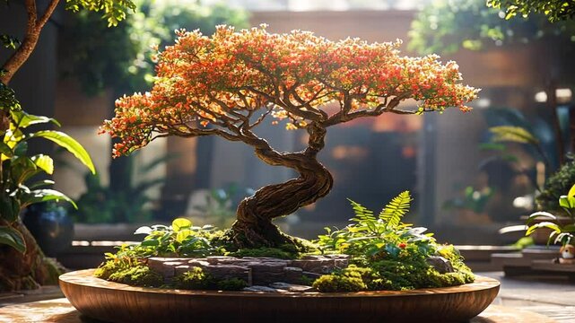 Ornamental bonsai tree in a garden setting, zen atmosphere, lush foliage