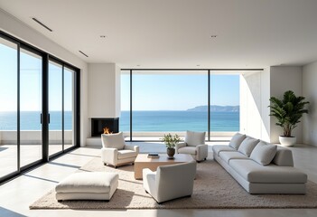 Aesthetic Modern Beach House Interior: All-White Decor, Minimalist Furniture & Ocean View Windows

