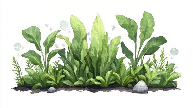 Lush Green Aquatic Plants  Underwater Scene  Nature Illustration  Botanical Artwork   Seaw