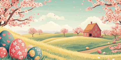 Springtime easter scene shows decorated eggs on a grassy field