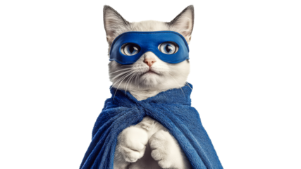 Superhero cat in a blue mask and cape