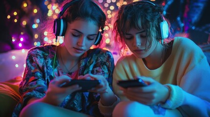 Two young females gaming with headphones in a colorful, neon-lit room
