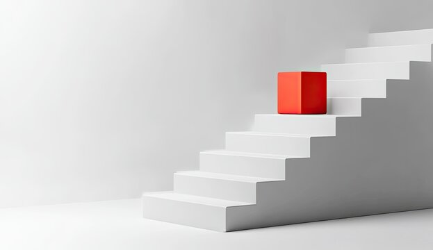 Red cube on white steps, minimalist, interior, progression