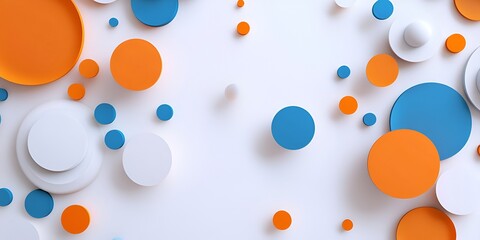 3D abstract background with orange, blue, and white circles on a light gray background. white background