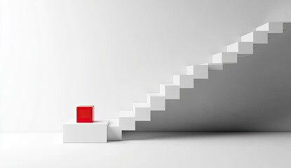 White stairs, red cube, minimalist interior, upward progress