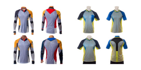 Colorful sports jerseys displayed from multiple angles and styles
