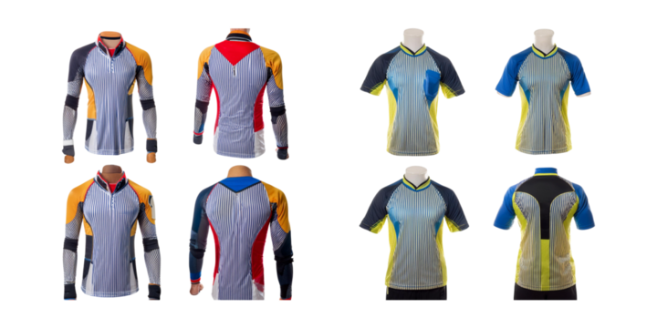 Colorful sports jerseys displayed from multiple angles and styles
