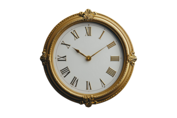 Elegant Decorative Wall Mounted Clock with Roman Numerals: Isolated on Transparent Background