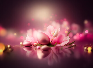 Pink egg rests amongst soft pink flowers and scattered beads, reflecting on a smooth surface against a dreamy, blurred pink background.