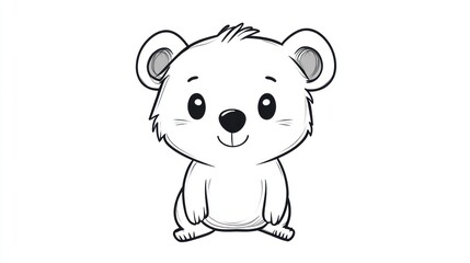 Naklejka premium Cute cartoon bear illustration, sitting, happy expression, simple line art, white background.